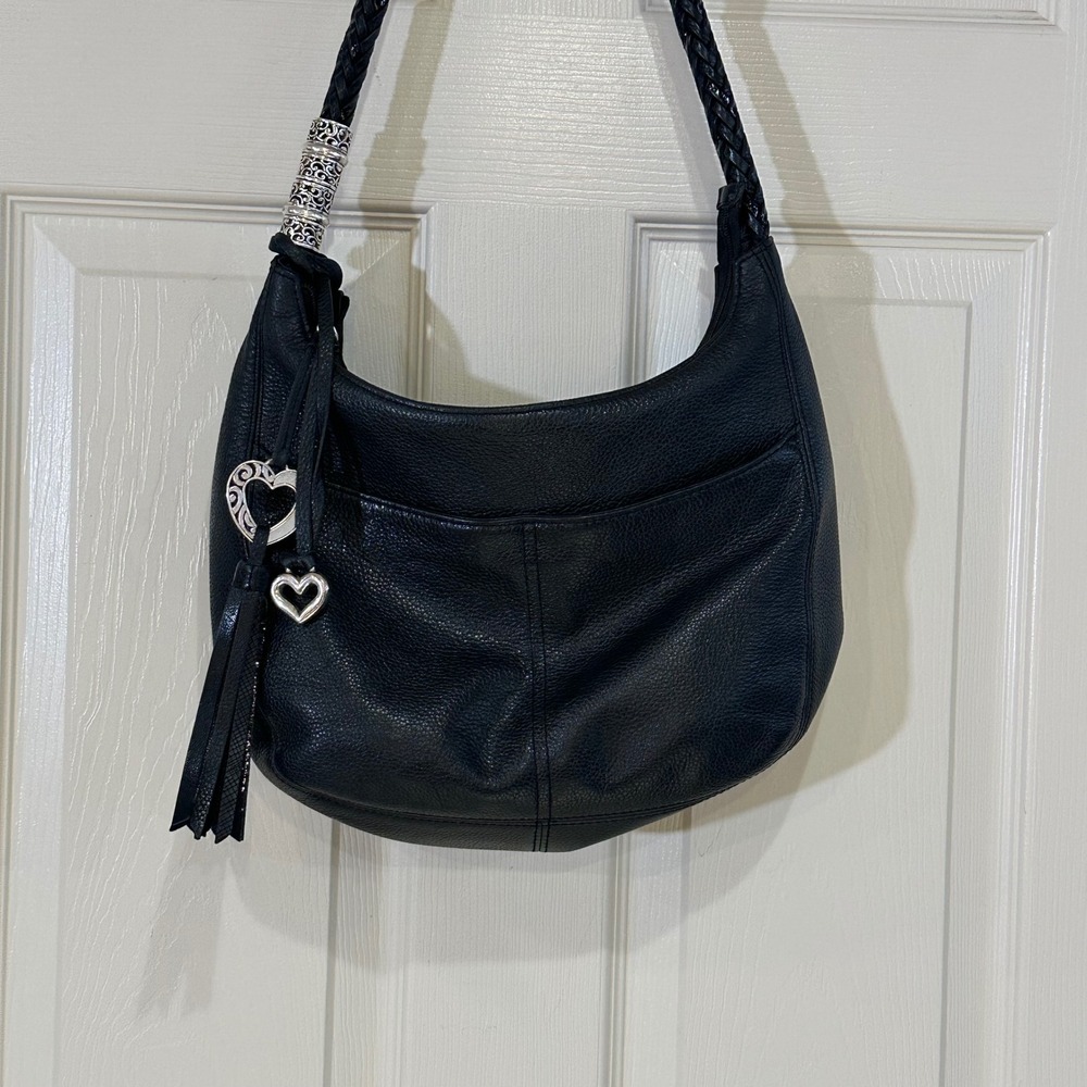 Brighton Black Pebbled Leather Hobo Bag Silver Heart Charms